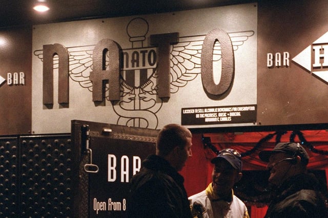 Keeping the peace: Bouncers outside Club Nato on Boar Lane in 1996.