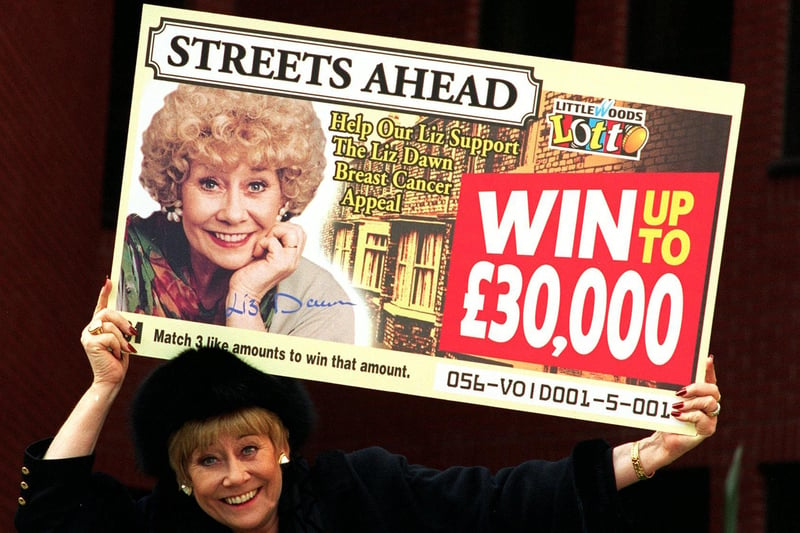 Leeds's own Coronation Street star Liz Dawn launched a scratchcard at the Breast Cancer Unit of St James's Hospital in February 1998.