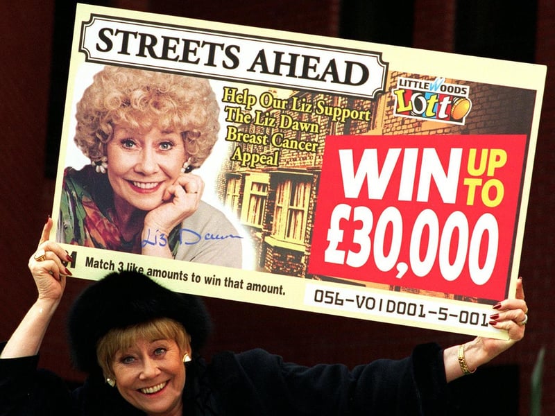 Leeds's own Coronation Street star Liz Dawn launched a scratchcard at the Breast Cancer Unit of St James's Hospital in February 1998.
