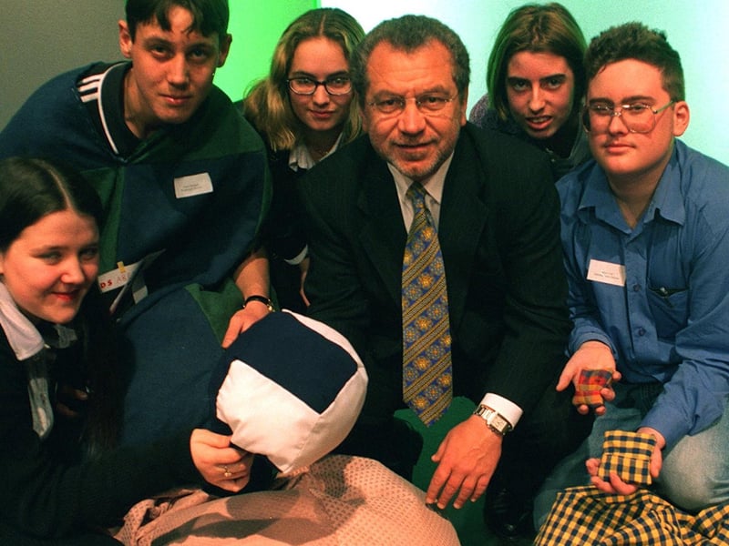 The businessman was at Cockburn High School in February 1998 to meet young entrepreneurs who had launched a bean-bag start up. Pictured are, from left, Kirsty Coggill, Chris Holland, Becky Briggs, Emma Tetley and David Carr.