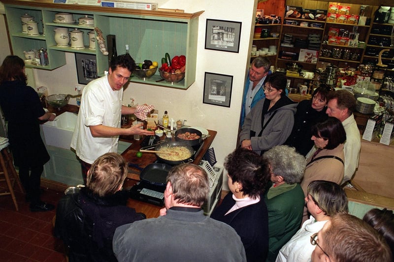 The celebrity chef demonstrates a wide range of kitchen equipment and techniques at Peter Maturi & Sons on Vicar Lane in February 1997.
