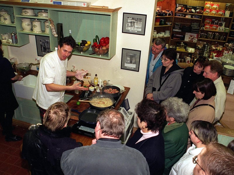 The celebrity chef demonstrates a wide range of kitchen equipment and techniques at Peter Maturi & Sons on Vicar Lane in February 1997.