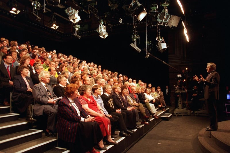 Question Time was filmed at the YTV studios in Leeds in February 1997. Presenter David Dimbleby addresses the audience before the cameras started rolling.