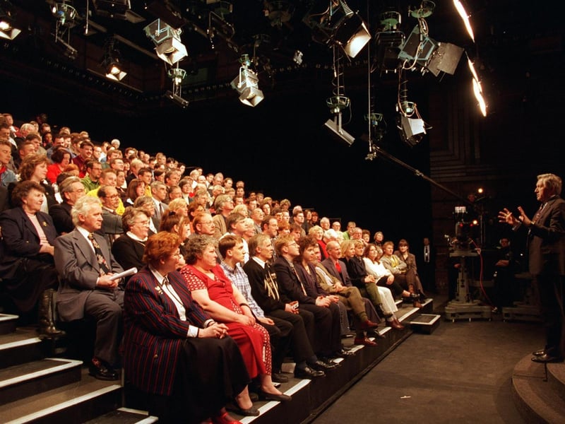 Question Time was filmed at the YTV studios in Leeds in February 1997. Presenter David Dimbleby addresses the audience before the cameras started rolling.