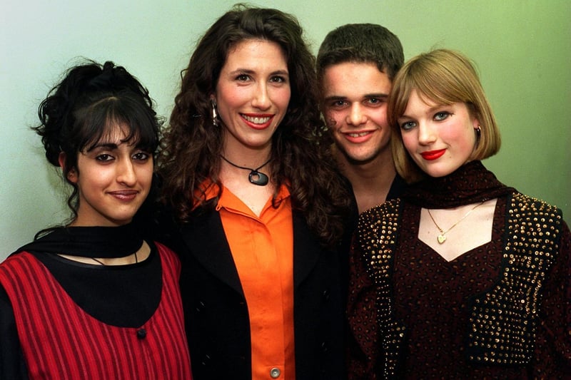 Gaynor Faye, better known as Coronation Street's Judy Mallett, visited West Leeds High School to enjoy a multi-cultural extravaganza in March 1996. She is pictured with pupils Nazish Razool, David Hobson and Sarah Brown.