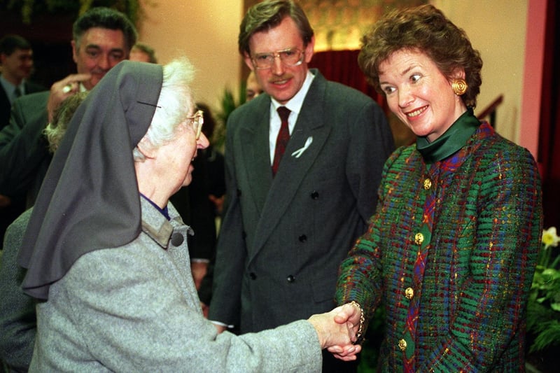 Irish President Mary Robinson is greeted by Sister Enda on a visit to the Leeds Irish Centre in March 1996.