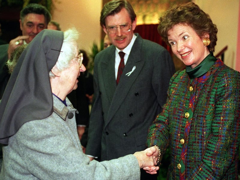 Irish President Mary Robinson is greeted by Sister Enda on a visit to the Leeds Irish Centre in March 1996.
