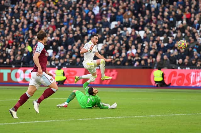 TREBLE TONIC: Jack Harrison fires past West Ham United 'keeper Lukasz Fabianski to complete his Leeds United hat-trick. Photo by Mike Hewitt/Getty Images.