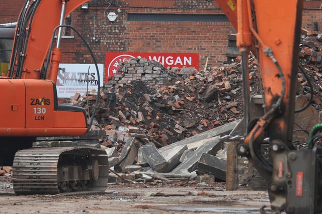 A section of the listed Eckersley Mill site is currently being demolished, off Swan Meadow Road, Wigan - May 2021