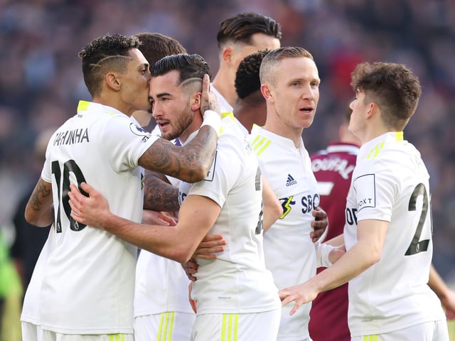 Leeds United celebrate taking the lead through Jack Harrison.