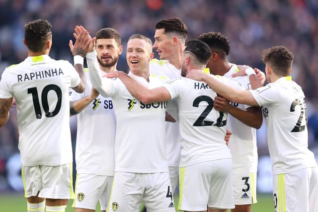 Leeds United celebrate Jack Harrison's first goal against West Ham United at the London Stadium. Pic: Alex Pantling.