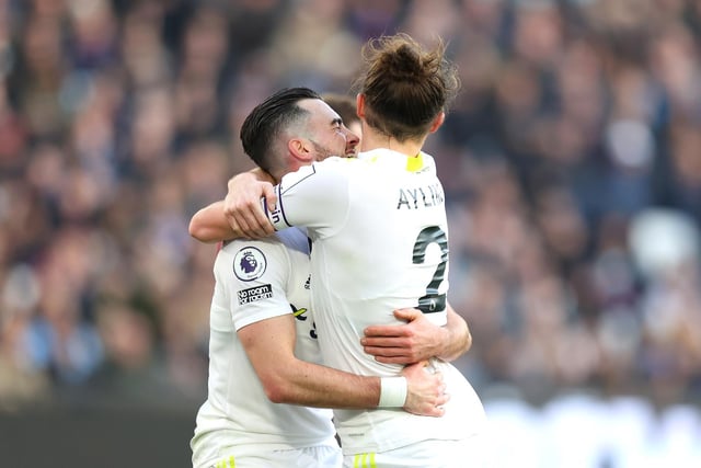 Jack Harrison celebrates with Luke Ayling after scoring Leeds United's second goal minutes after Jarrod Bowen's equaliser.