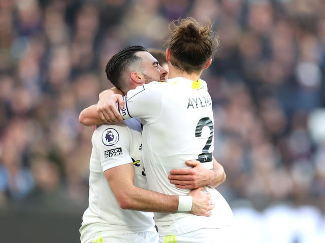 Jack Harrison celebrates with Luke Ayling after scoring Leeds United's second goal minutes after Jarrod Bowen's equaliser.