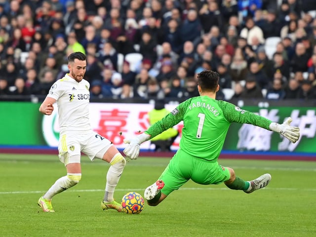 Jack Harrison beats Łukasz Fabiański to complete his first career hat-trick.