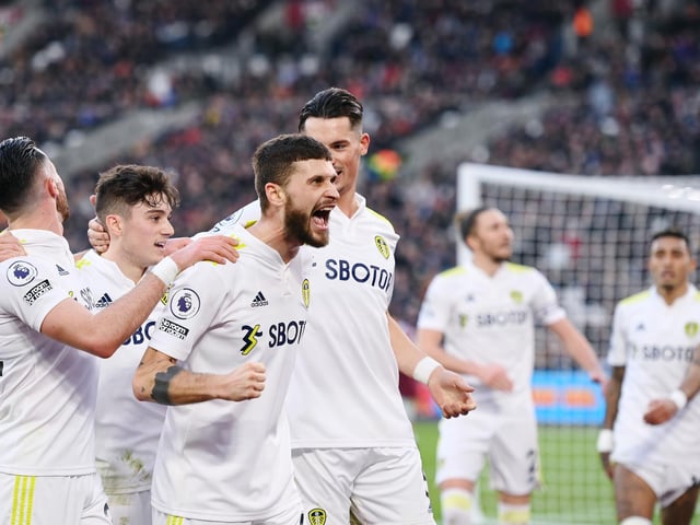 Mateusz Klich celebrates putting the Whites 4-2 ahead.
