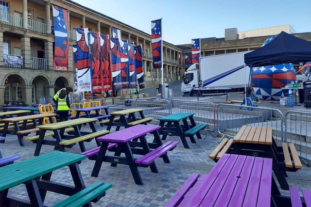 Filming preparations are well underway at The Piece Hall in Halifax
