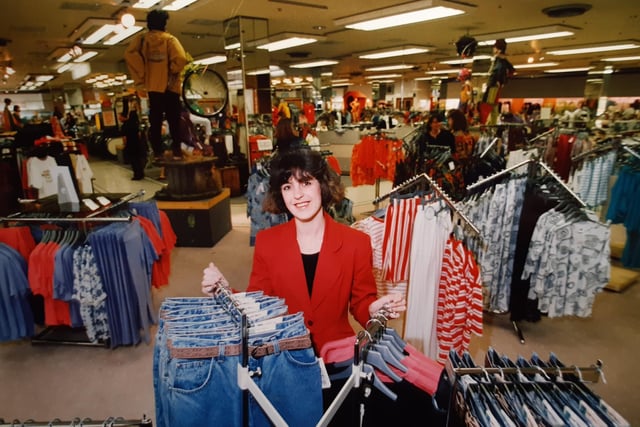 Lewis's fashion floor manager Carol Lovett in May 1992 shows the styles for a season 30 years ago