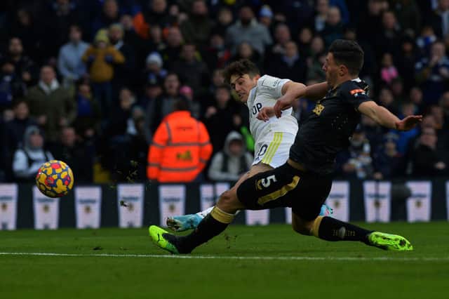 CHANCES MISSED: Leeds United's Dan James, left, is closed down by Newcastle United's Fabian Schar in Saturdays 1-0 defeat at Elland Road. Picture by Jonathan Gawthorpe.