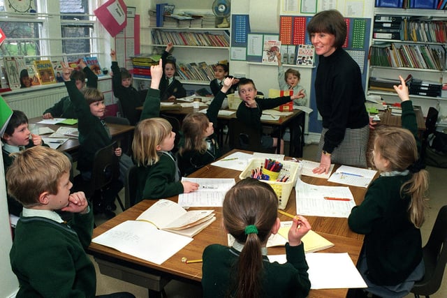 Inside Richmond House Preparatory School on Otley Road. Pictured is Marie Wetherop, head of lower school, with a class.