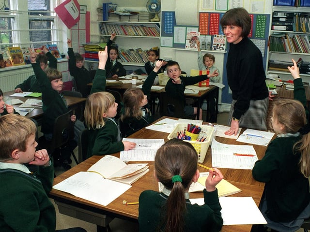 Inside Richmond House Preparatory School on Otley Road. Pictured is Marie Wetherop, head of lower school, with a class.