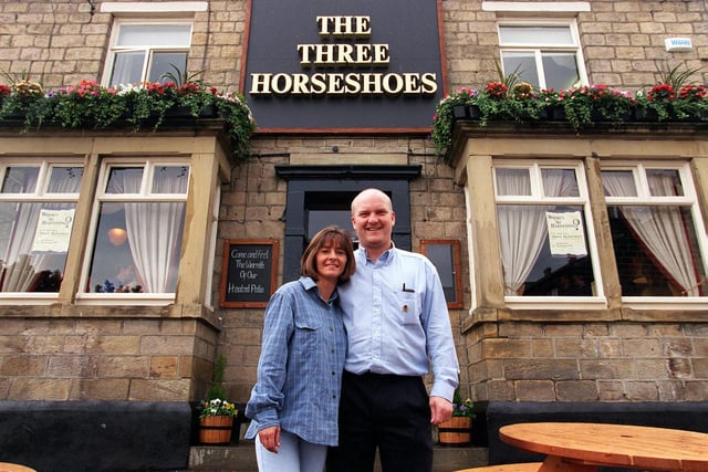 Publicans  Richard Mollitt and Michaela Gilroy outside The Three Horseshoes on Otley Road in September 1999.