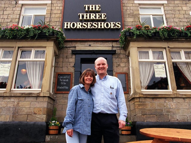 Publicans Richard Mollitt and Michaela Gilroy outside The Three Horseshoes on Otley Road in September 1999.