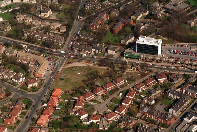 An aerial view of Headingley in November 1999. In view is the junction of the Otley Road, running across the picture with St Anne's Road up from bottom and Shaw Lane in from the top. The Arndale Centre is on the right.