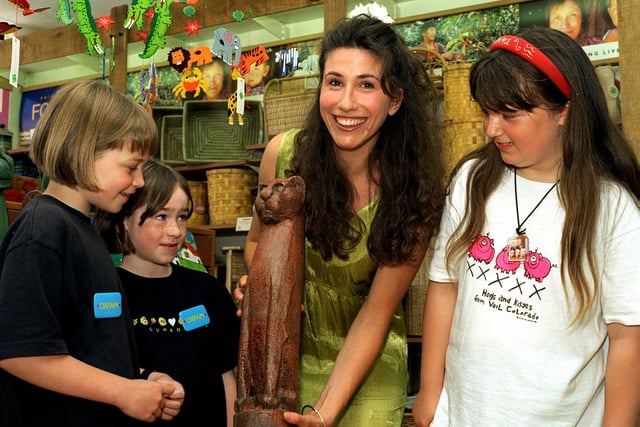 August 1997 and Gaynor Faye, who played Judy Mallett in Coronation Street, opened a new department at the Headingley Oxfam Fair Trade Company shop on Otley Road. She is pictured with Ruby Thompson and sister Tessa and Emma Mackintosh.