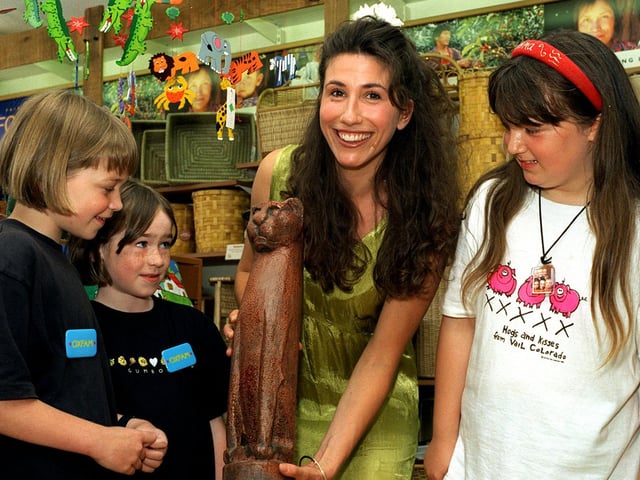 August 1997 and Gaynor Faye, who played Judy Mallett in Coronation Street, opened a new department at the Headingley Oxfam Fair Trade Company shop on Otley Road. She is pictured with Ruby Thompson and sister Tessa and Emma Mackintosh.