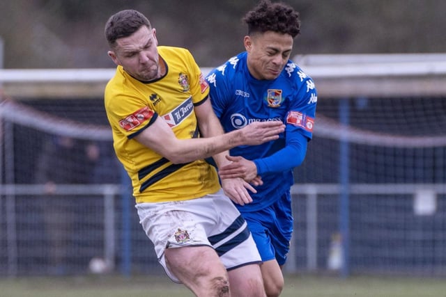 Joao Rangel and a Marske United player get to grips in a battle for possession. Picture Scott Merrylees.