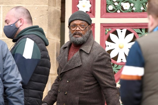 Samuel L Jackson outside The Piece Hall in Halifax