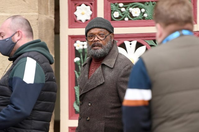 Samuel L Jackson outside The Piece Hall in Halifax earlier today