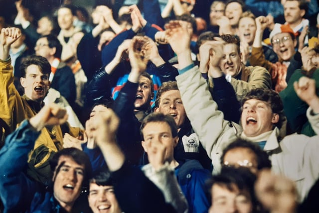 Happy days as Blackpool fans celebrate at a match against Queens Park Rangers, February 1990