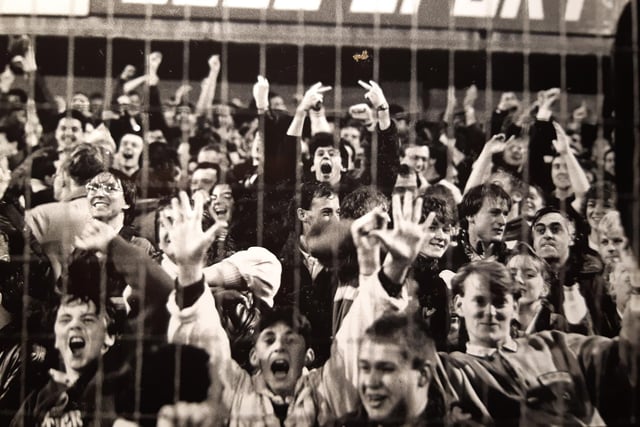 The caption on the back of this photo says fans show their pleasure at Blackpool's superb show - October 1988