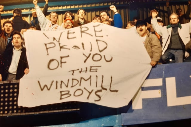 The banner says it all in this picture as the Seasiders finally bowed out in the fifth round second replay against QPR in February 1990