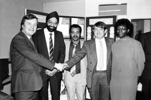 Kenneth Clarke, Minister for Employment meets local residents at the newly established Chapeltown Job Centre in October 1986.