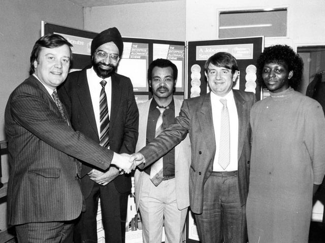 Kenneth Clarke, Minister for Employment meets local residents at the newly established Chapeltown Job Centre in October 1986.