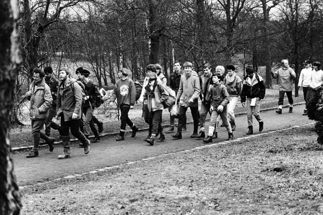 Pupils from Allerton Grange High School are pictured at Golden Acre Park at the start of their marathon sponsored walk in aid of St. Gemma's Hospice in March 1986.
