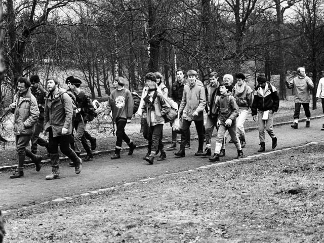 Pupils from Allerton Grange High School are pictured at Golden Acre Park at the start of their marathon sponsored walk in aid of St. Gemma's Hospice in March 1986.