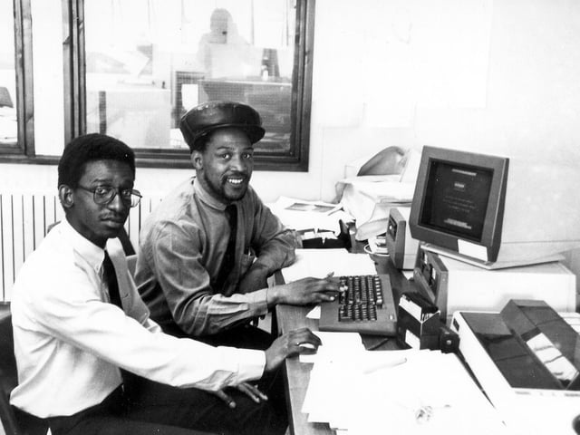 This is Jeoffrey 'Scully' Walwyn and David Phillips who completed a one-year course in Computer Studies at Technorth on Harrogate Road in October 1986. This had enabled them to take part in a work placement scheme in the Council's Public Works Department.