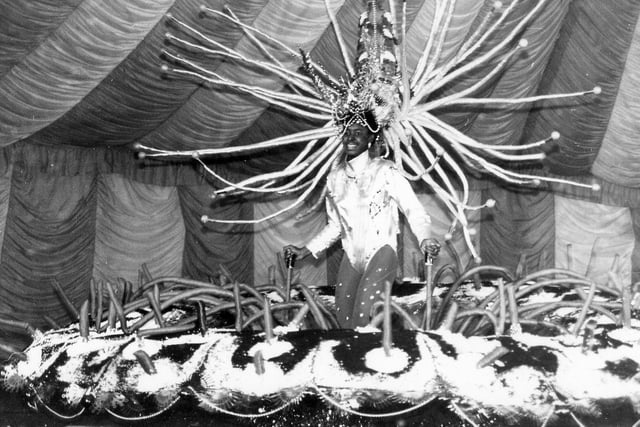 Carnival Queen chosen for the Leeds West Indian Carnival in August 1986. She is Lisa Condor and her elaborate costume of a sea anemone was designed by her brother, Hubon Condor.
