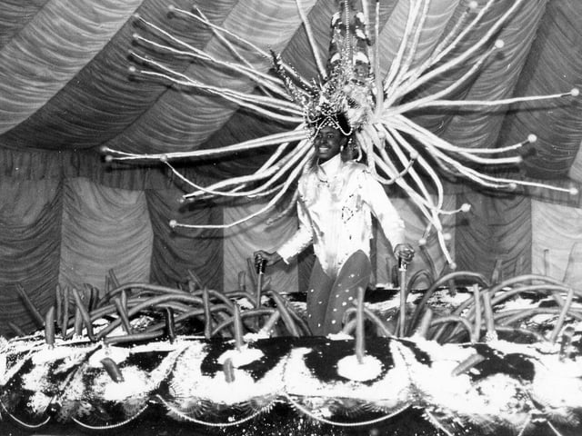 Carnival Queen chosen for the Leeds West Indian Carnival in August 1986. She is Lisa Condor and her elaborate costume of a sea anemone was designed by her brother, Hubon Condor.