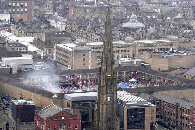 Smoke was seen coming out of the top of The Piece Hall after an explosion organised by the film crew.