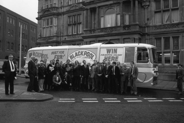 The Blackpool Belle - a customised mobile exhibition coach - was officially launched to mark the start of an £18,000 promotion drive to attract holidaymakers to the resort. The roadshow consortium members gather outside the coach