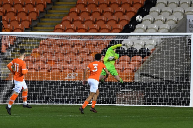 Alec McLachlan makes one of several fine stops in the Blackpool goal