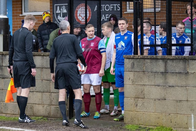 Tom Claisse about to lead the Emley AFC players out before the game against Thackley. Picture: Mark Parsons