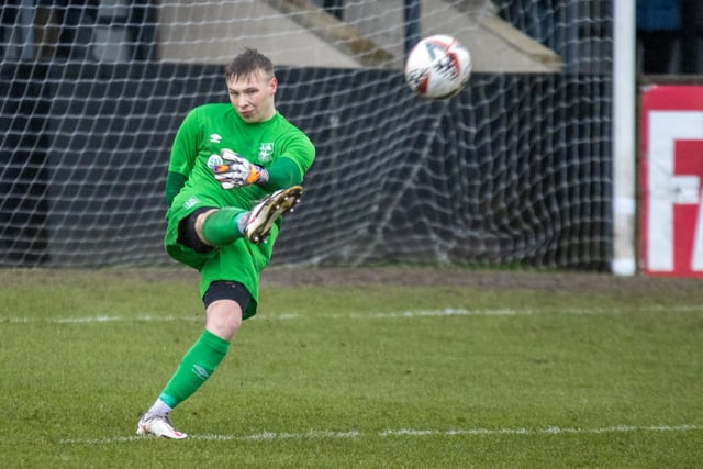 Emley goalkeeper Sam Kelly clears the ball. Picture: Mark Parsons