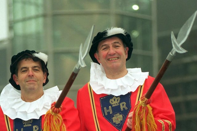 Members of Aireborough Gilbert and Sullivan Society, David MacDonald (left), and Stan Fawcett were preparing to take to the stage in The Yeoman of the Guard at Yeadon Town Hall in January 1996.
