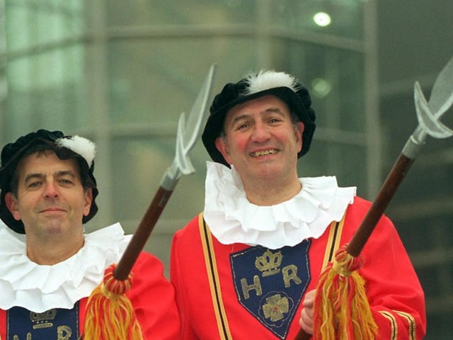 Members of Aireborough Gilbert and Sullivan Society, David MacDonald (left), and Stan Fawcett were preparing to take to the stage in The Yeoman of the Guard at Yeadon Town Hall in January 1996.