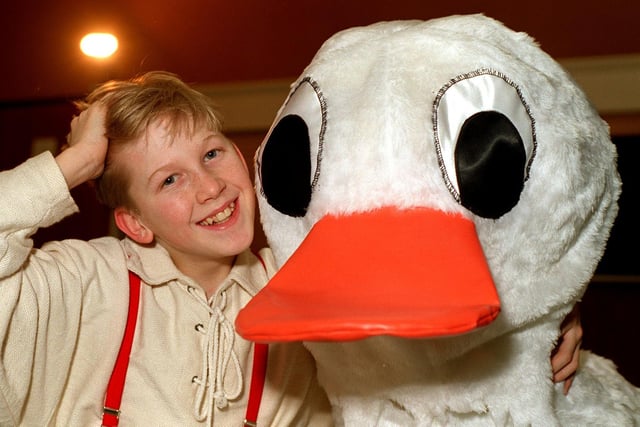 This is Jordan Spurr who was starring in the Yeadon Charities production of Mother Goose at Yeadon Town Hall in January 1996. He is pictured taking a break from his goose outfit.